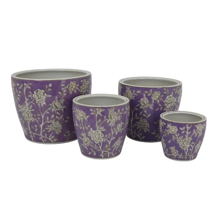 Kerry Accent Planter Pot Set of 4, Purple Floral Pattern White Ceramic – Benzara