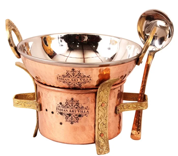 Kitchen Set of 1 Copper Sigri with Brass Stand, 1 Steel Copper Kadai-5