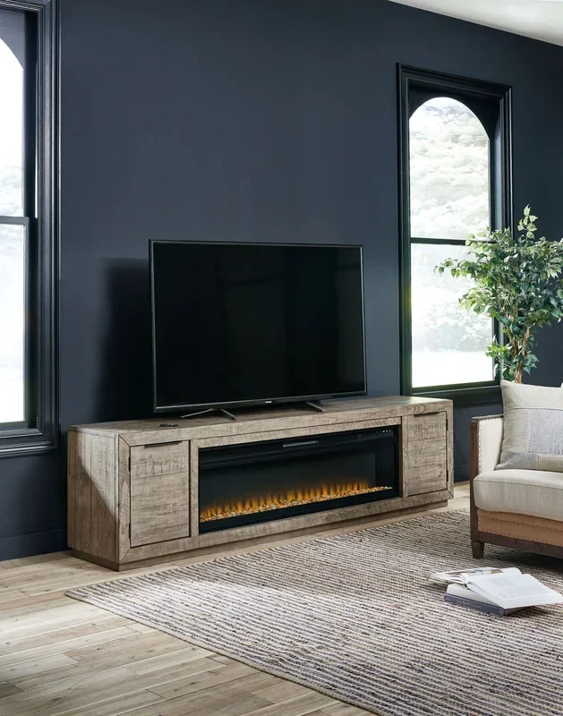 Krystanza – TV Stand with Wide Fireplace Insert – Weathered Gray