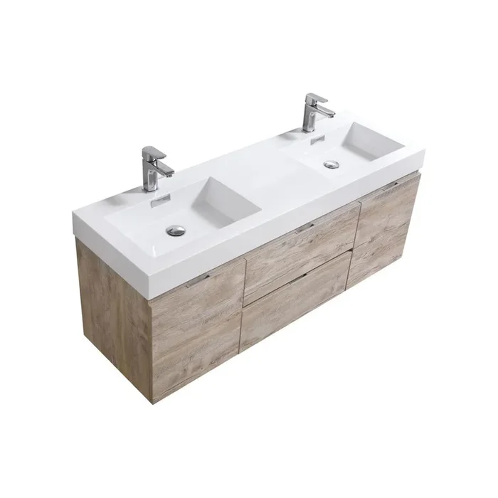 Kubebath Bliss 60 Double Sink Nature Wood Wall Mount Modern Bathroom Vanity