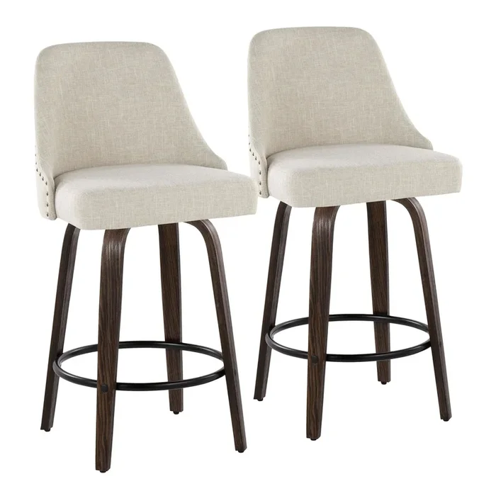 Marcel – 27″ Fixed-Height Counter Stool With Swivel And Round Black Metal Footrest (Set of 2) – Walnut Glazed Wood