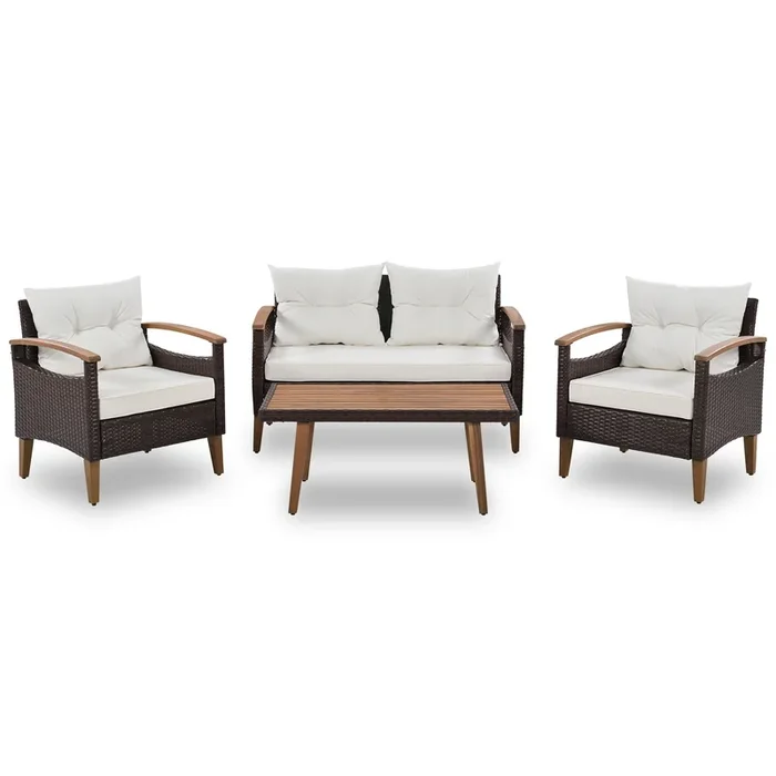 Merax 4-Piece Garden Furniture, Patio Seating Set, PE Rattan Outdoor Sofa Set