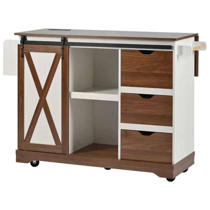 Merax Farmhouse Kitchen Island with Drop Leaf & Power Outlet – Rolling Storage Cart with Barn Door