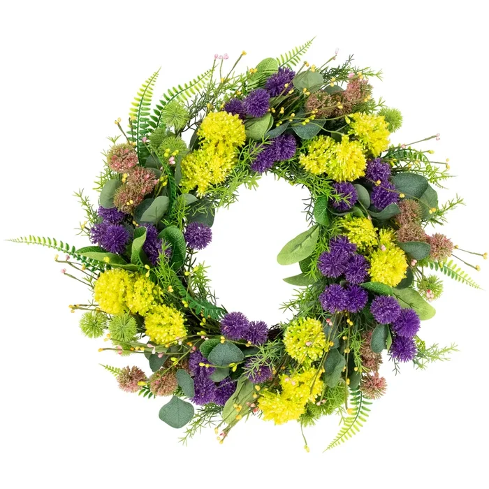Mixed Foliage and Thistle Spring Wreath – 22″ – Yellow and Purple