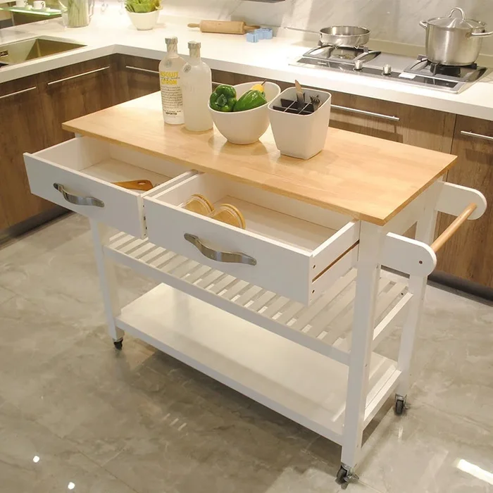 Mobile Kitchen Cart: 45″ White, Wood Top, Drawers & Wheels