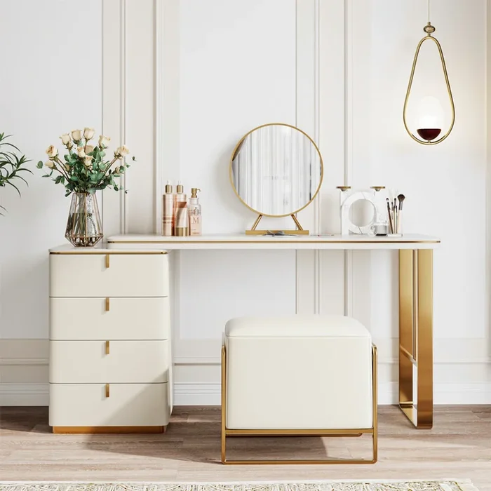 Modern Beige Wooden Vanity Set with Side Cabinet