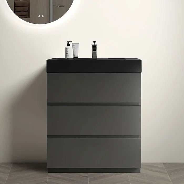 Modern Grey 30″ Bathroom Vanity with Black Sink & Storage