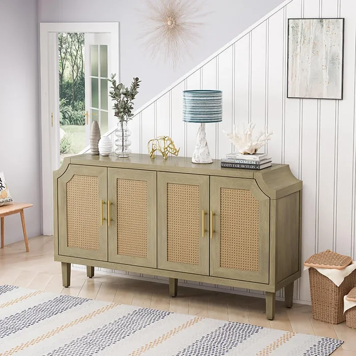 Modern Natural Cabinet: Rattan Doors & Adjustable Shelves