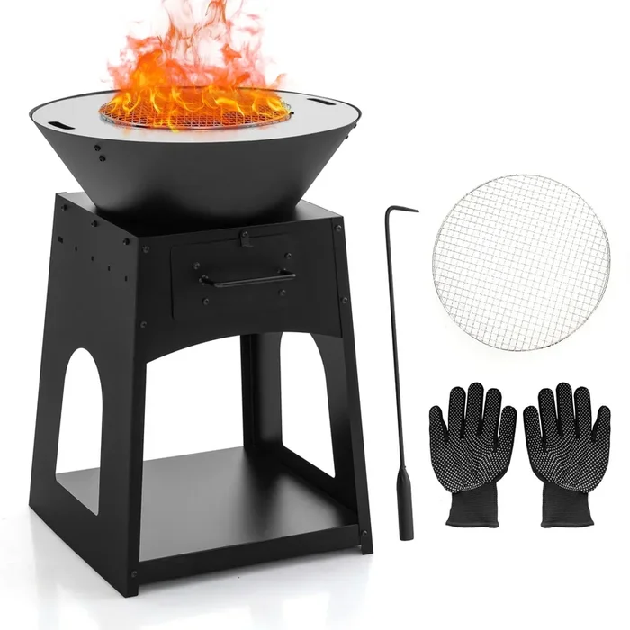 Mondawe 24″ Fire Pit with Grill, Log Rack & Ash Box – Multi-Fuel Outdoor Heater