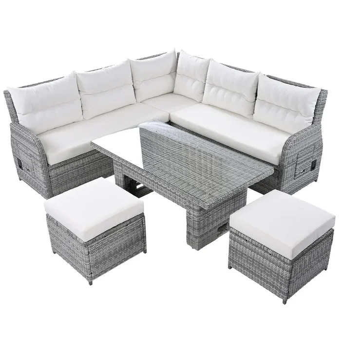 Mondawe 5-Pcs Outdoor Sofa Set,Adjustable Recliners & Adjustable Glass Table,Weatherproof Patio Sofa