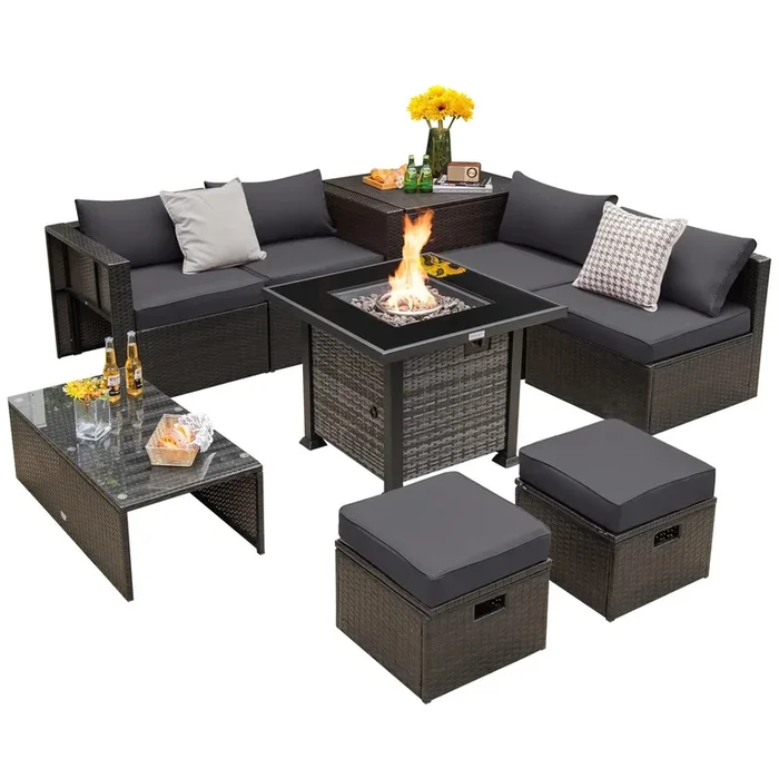 Mondawe Outdoor 9 Pieces Patio Furniture Set with 50,000 BTU Propane Fire Pit Table