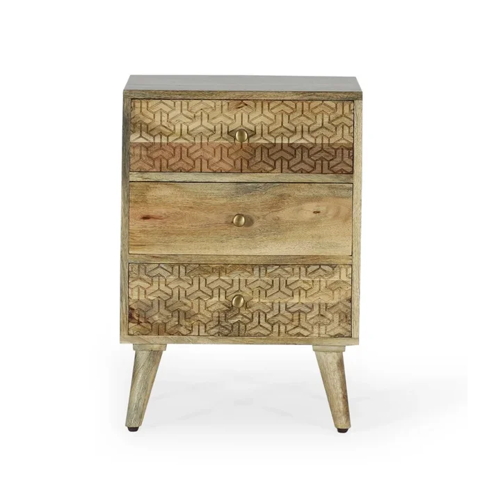 Natural Wood Nightstand with 3 Drawers in Boho Style