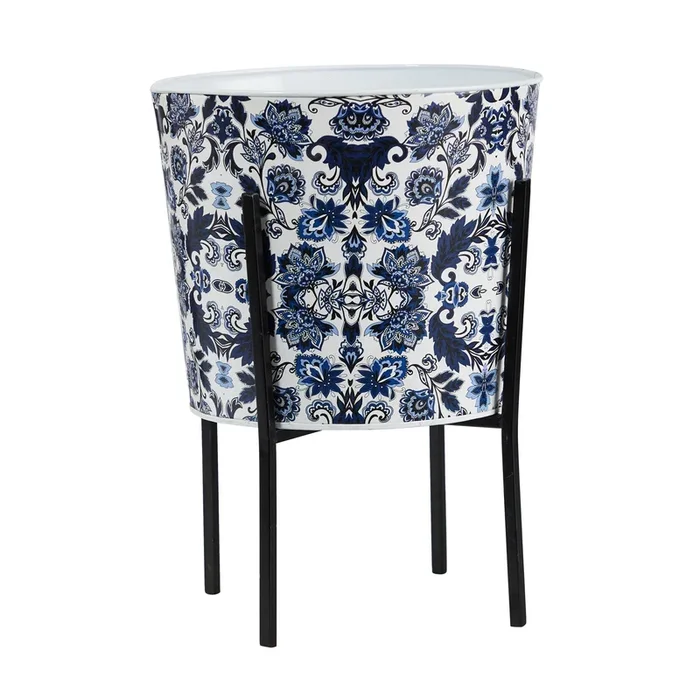 Nearly Natural 16-in Orietnal Blue and White Metal Planter with Stand