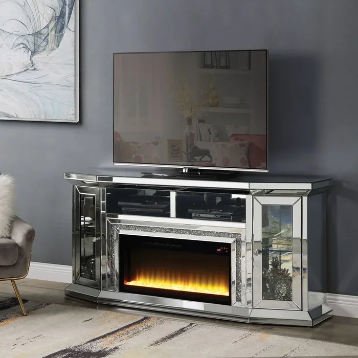Noralie – 32″ TV Stand With Fireplace & LED – Mirrored & Faux Diamonds