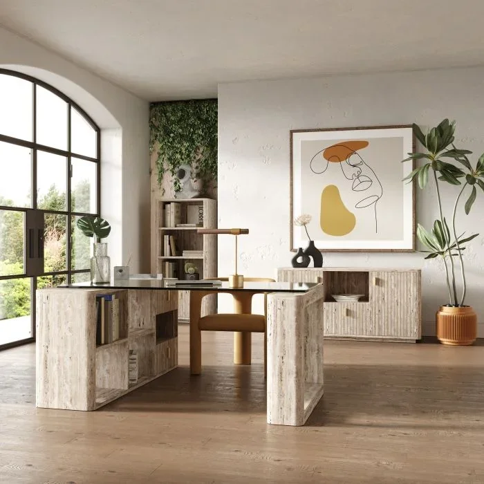 Nova Domus Roma – Modern Glass + Faux Travertine Reversible Desk