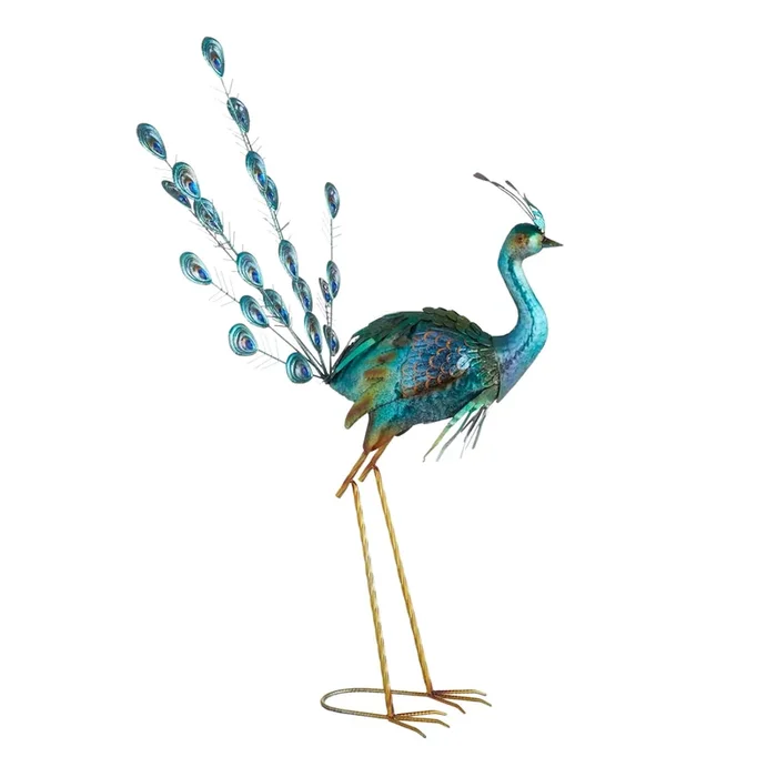 Peacock with Acrylic Jeweled Tail Outdoor Garden Statue, 38.5″