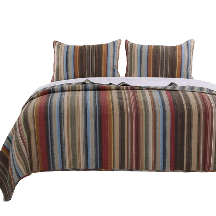 Phoenix Fabric 3 Piece Queen Size Quilt Set with Striped Prints, Multicolor – Benzara