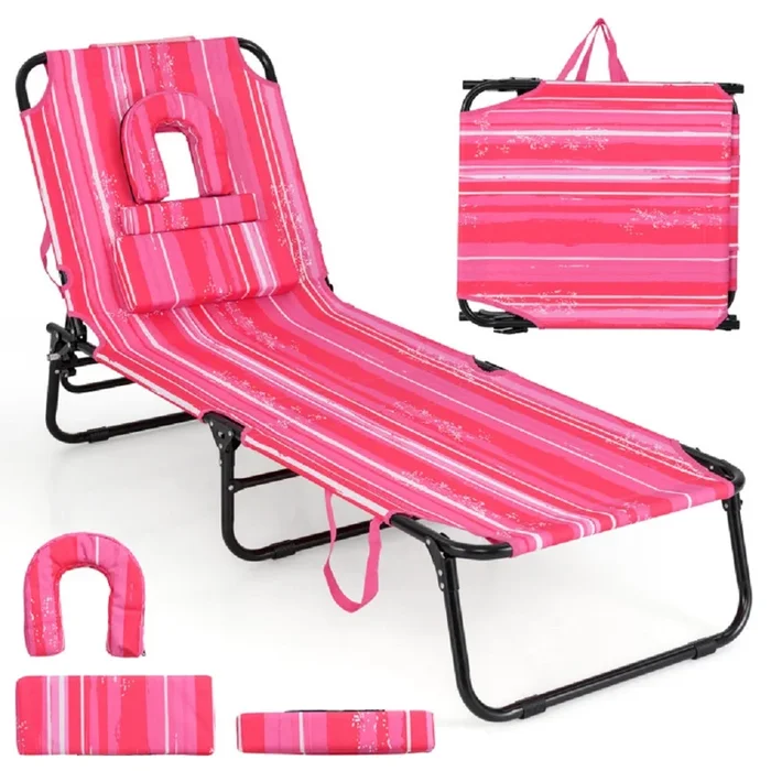 Portable Chaise Lounge with Face Opening – Beach Sun Chair with Adjustable Positions