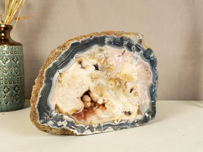 Rare Blue Lace Agate with Pink Quartz Geode Slab | E2D