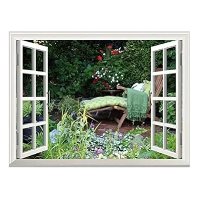 Removable Wall Sticker/Wall Mural – Deck Chair in a Quiet Garden with Beautiful Flowers | Creative Window View Wall Decor – 24