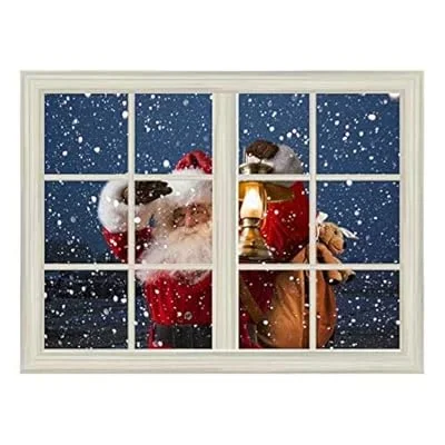 Removable Wall Sticker/Wall Mural – Santa Claus Carrying Gifts Outside of Window on Christmas Eve – Creative Window View Home Decor/Wall Decor – 36