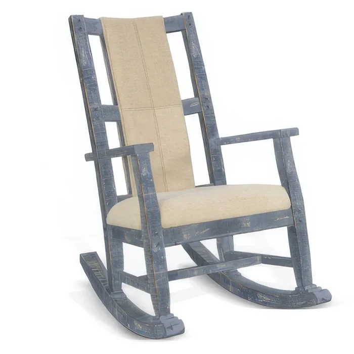 Rena Rocking Chair, Cushion Seat and Back, Blue Mahogany Mindy Wood – Benzara