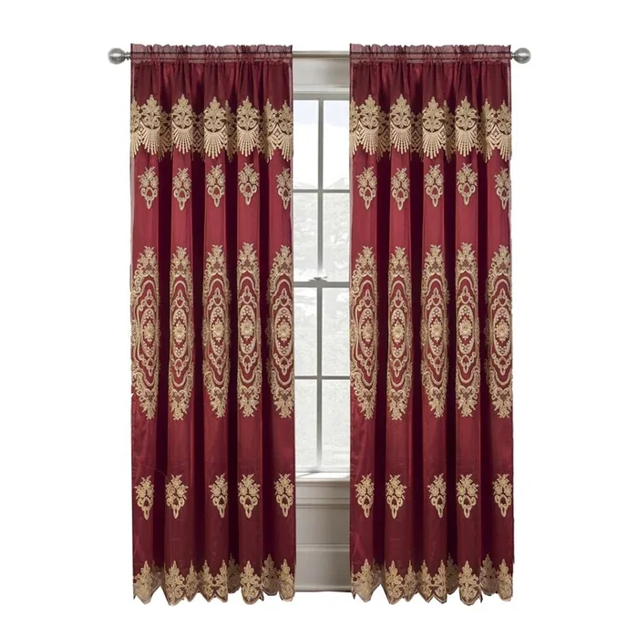 RT Designers Collection Dayton Emb Attached Valance Backing Blackout Window Curtains 50″ x 84″ Burgundy/Gold