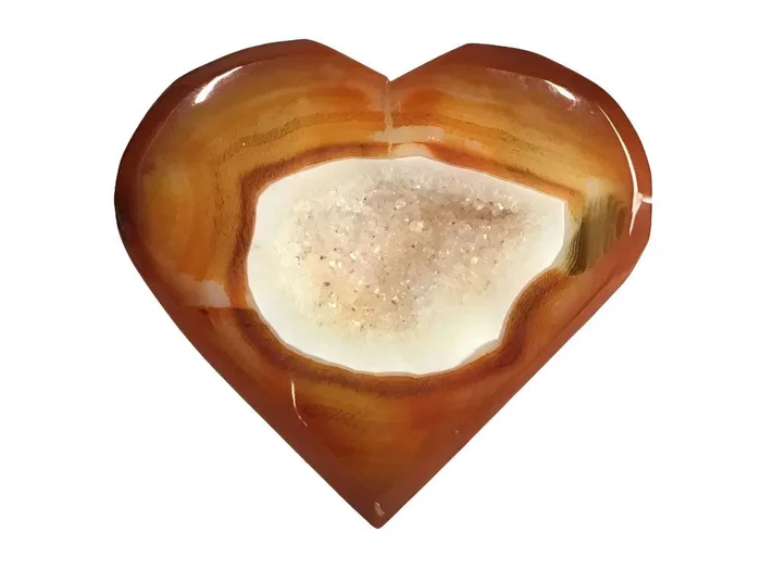 Sardonyx Carnelian Agate Heart Flat With Druze On Lucite Stand – Orange Banding Surrounding Large White Sugar Druze Pocket & Dark Inclusion On One Curve