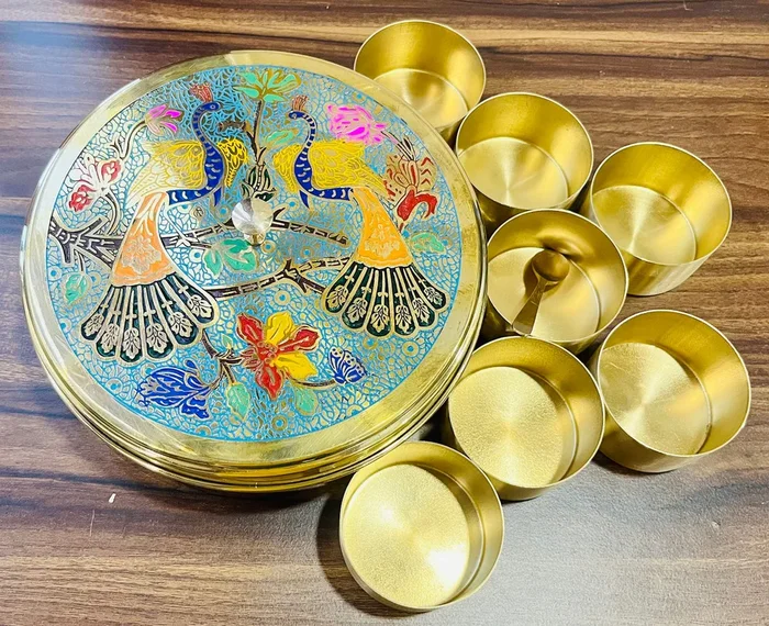SHIV SHAKTI ARTS Brass Spice Box Masala Box Eching Design For Kitchen | Jaipuri Mor Print With Ayurveda Health Benefits (7 containers)