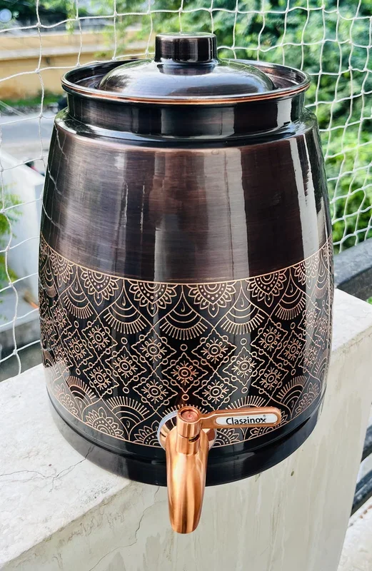 Shiv Shakti Arts Pure Copper Water Dispenser Orio Pot Matka Antique Eching for Storing Water and Drinking Purposes with Tap and Ayurveda Benefits -8 Litre
