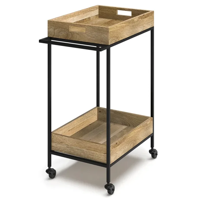 Simons SOLID MANGO WOOD Industrial Contemporary 24 inch Wide Bar Cart in Natural