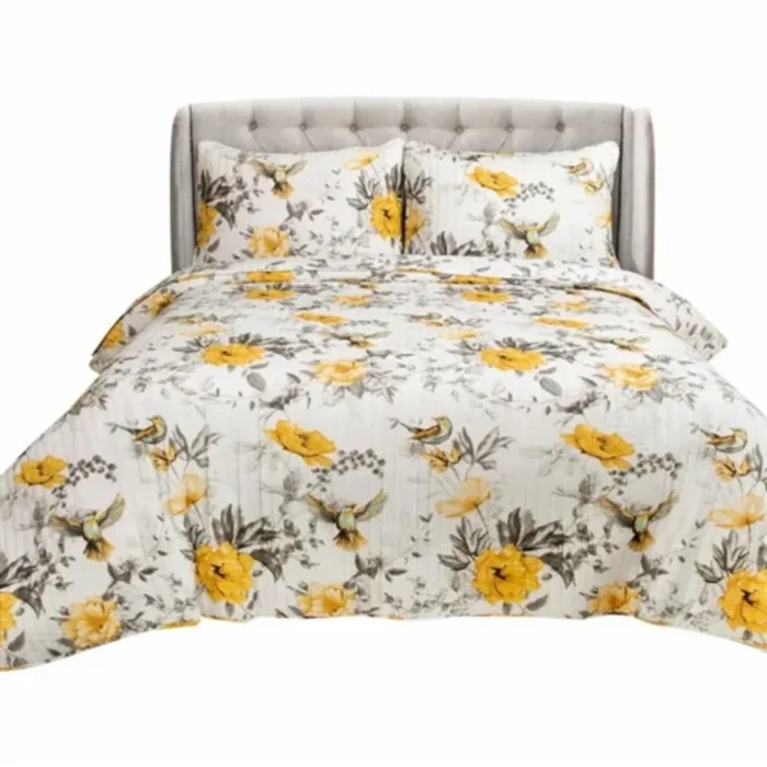 Soft 3-Piece Reversible Quilt Set in Cotton with Birds and Floral Print, Bedding