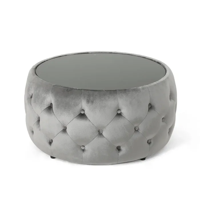 Streamdale Modern Glam Diamond Tufted Velvet Ottoman with Tempered Glass Top