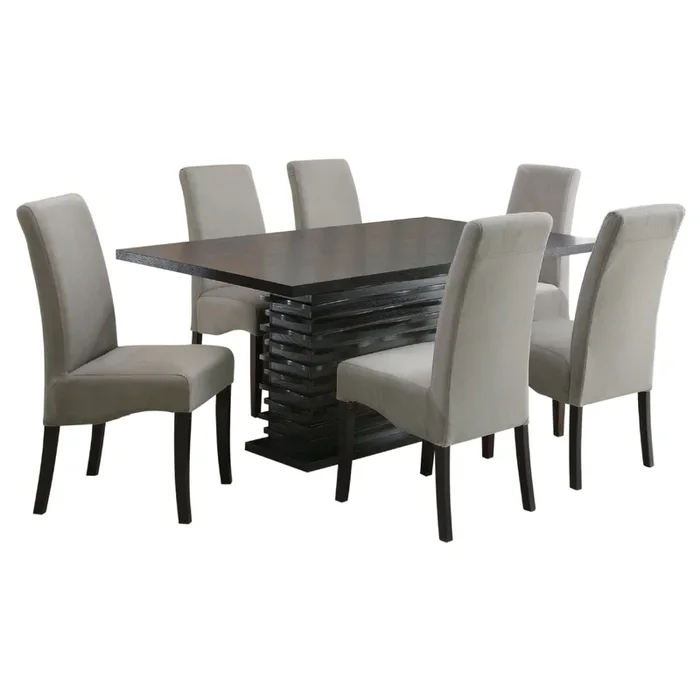 Tela 7pc Dining Table and 6 Chairs Set, Black Pedestal Base, Gray – Benzara