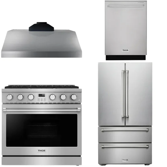 THOR Contemporary Package – 36″ Gas Range, Range Hood, Refrigerator and Dishwasher, AP-ARG36LP-B45