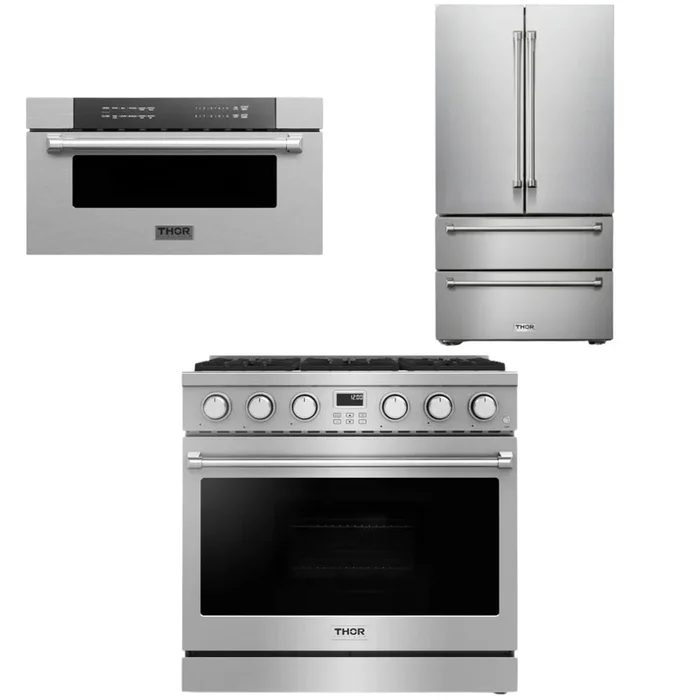 THOR Contemporary Package – 36″ Gas Range, Refrigerator and Microwave, AP-ARG36-A35