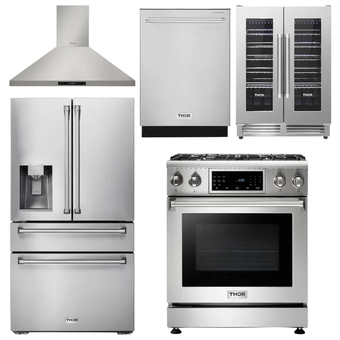 THOR Kitchen Package – 30″ Gas Range, Range Hood, Refrigerator with Water and Ice Dispenser, Dishwasher, Wine Cooler, AP-TRG3001-11