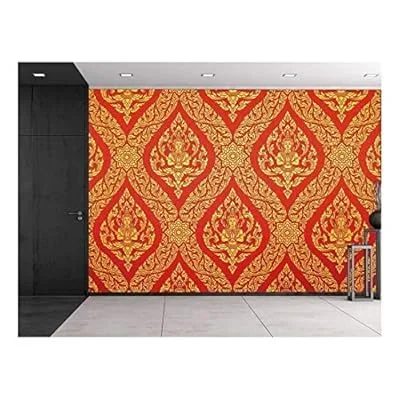 Traditional Thai Painting in red and Gold – Ornate Temple Decoration – Wall Mural, Removable Sticker, Home Decor – 100×144 inches