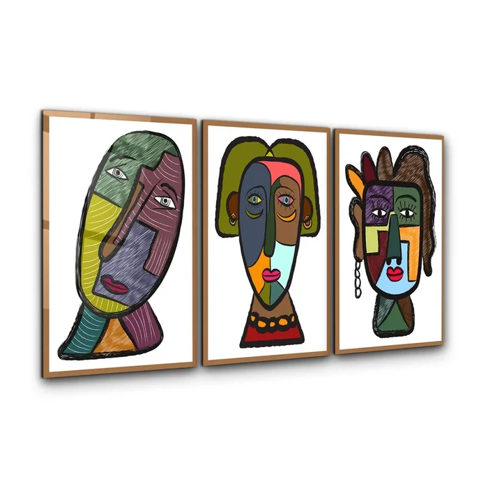 Tribal-Inspired Modern Faces Trio – Glass Wall Art