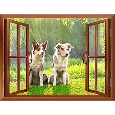Two Dogs on The Grass Outside of an Open Window | Removable Wall Sticker/Wall Mural – 24