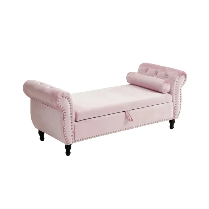 Velvet Pink Storage Ottoman Bench with Nailhead Trim and Bolster Pillo
