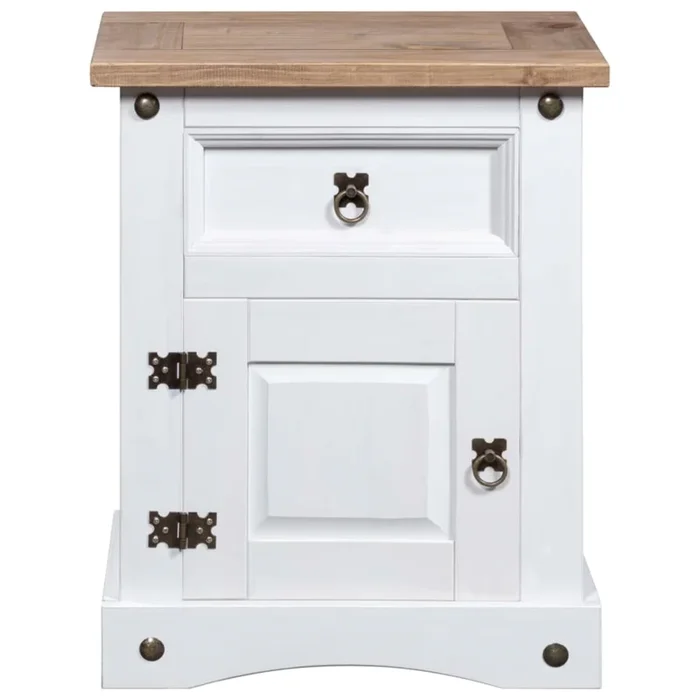 vidaXL Bedside Cabinet in Rustic Mexican ‘Corona’ Style, Solid Pinewood, White Body with Brown Top, Includes Drawer and Cupboard