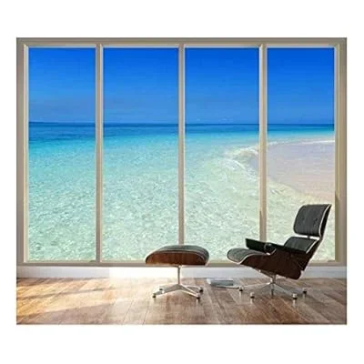 Wall26 – Large Wall Mural – Tropical Beach Seen Through Sliding Glass Doors | 3D Visual Effect Self-Adhesive Vinyl Wallpaper/Removable Modern Decorating Wall Art – 66