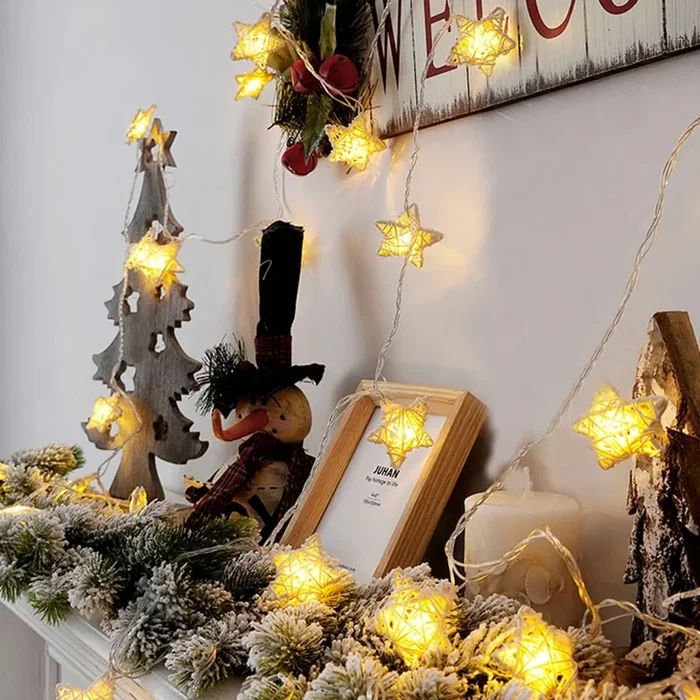 Woven Wooden Star LED Lights: Rustic String Decor