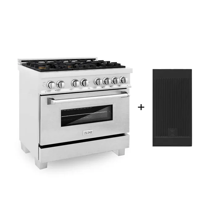 ZLINE 36″ 4.6 cu. ft. Legacy Dual Fuel Range with Gas Cooktop and Electric Convection Oven in Satin Stainless Steel with 6 Brass Burners and Griddle, RAS-SN-BR-GR-36