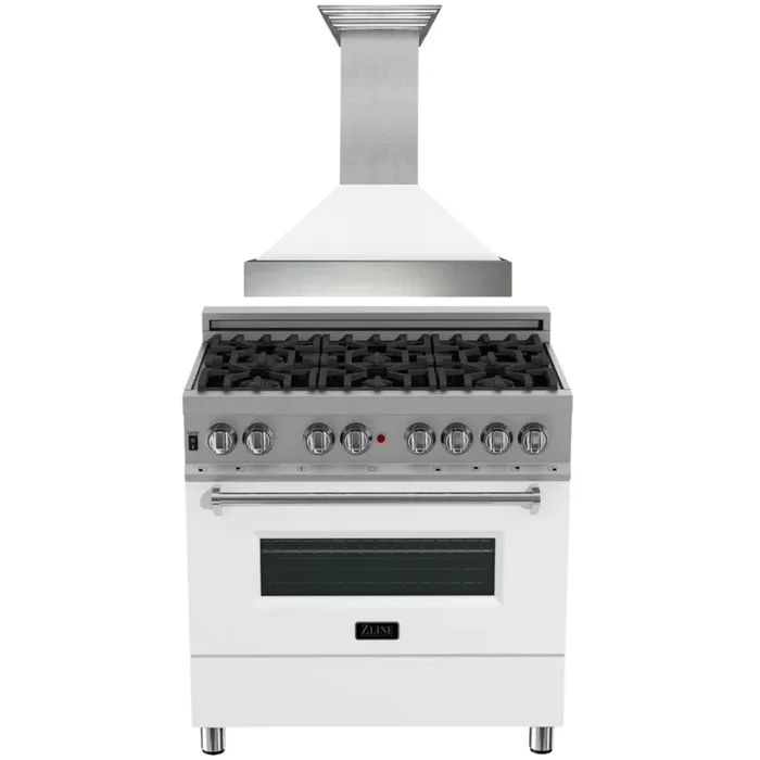 ZLINE 36″ Dual Fuel Range in Satin Stainless Steel with White Matte Door & 36″ Range Hood Appliance Package, 2KP-RASWMRH36