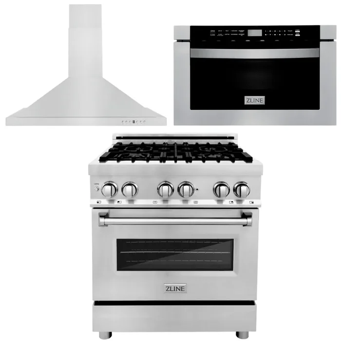 ZLINE Appliance Package – 30 in. Dual Fuel Range, 30 in. Range Hood, Microwave Drawer, 3KP-RARH30-MW