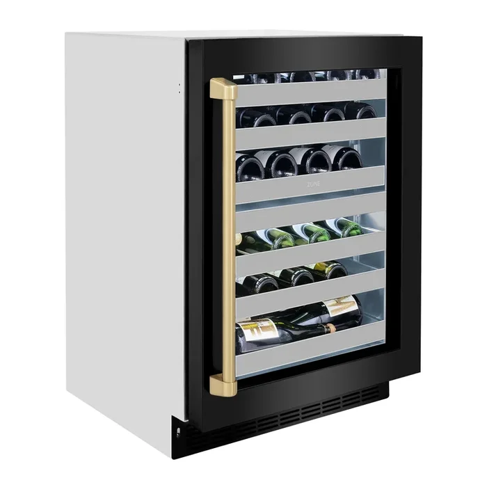 ZLINE Autograph 24″ Touchstone Dual Zone 44 Bottle Wine Cooler with Black Stainless Steel Glass Door and Champagne Bronze Handle, RWDOZ-BS-24-CB