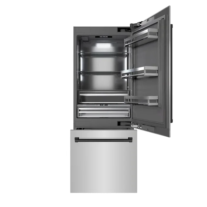 ZLINE Autograph 30″ 16.1 cu. ft. Built-In Bottom Freezer Refrigerator with Water Dispenser and Ice Maker in Stainless Steel with Graphite Gray Interior and Matte Black Accents, GRBIVZ-304-30MB