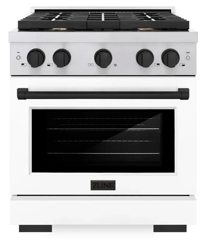 ZLINE Autograph 30″ 4.2 cu. ft. Paramount Dual Fuel Range with 4 Burners with White Matte Door and Matte Black Accents, SDRZ-WM-30-MB